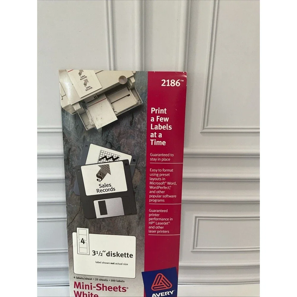 Avery 2186 Mini Sheets White Diskette Labels 25 Sheets,100 Labels
